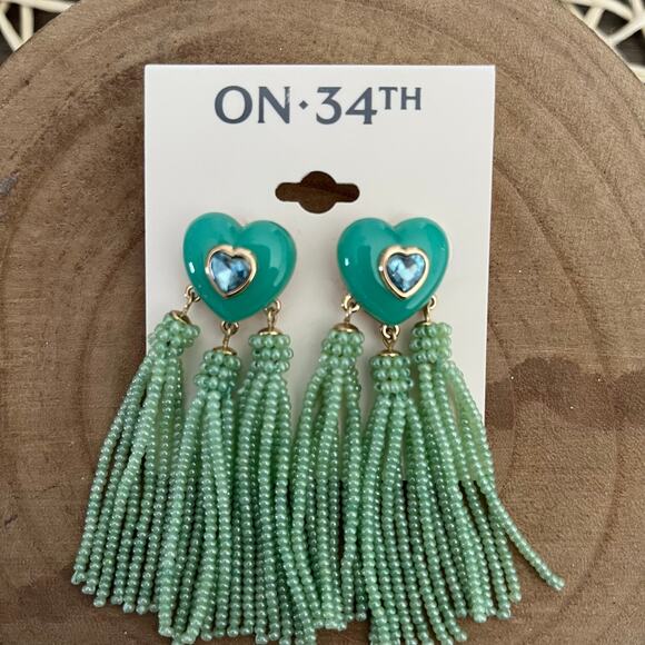 ON 34th, Emerald Green and Gold Heart Tassel Seed Bead Earrings - Picture 1 of 3